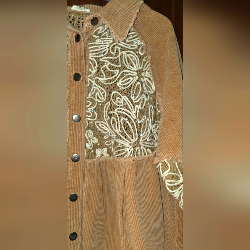 POL Corduroy Button-Down Shirt Jacket in Brown with Cream Embroidery - Picture 3 of 5